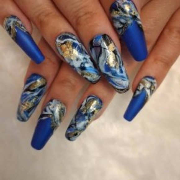 Darksea blue n white/ gold marble press on nails - Picture 3 of 5